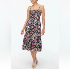 J Crew Floral Smocked Tiered Sleeveless A-Line Midi Dress Boho Navy Pink Size S